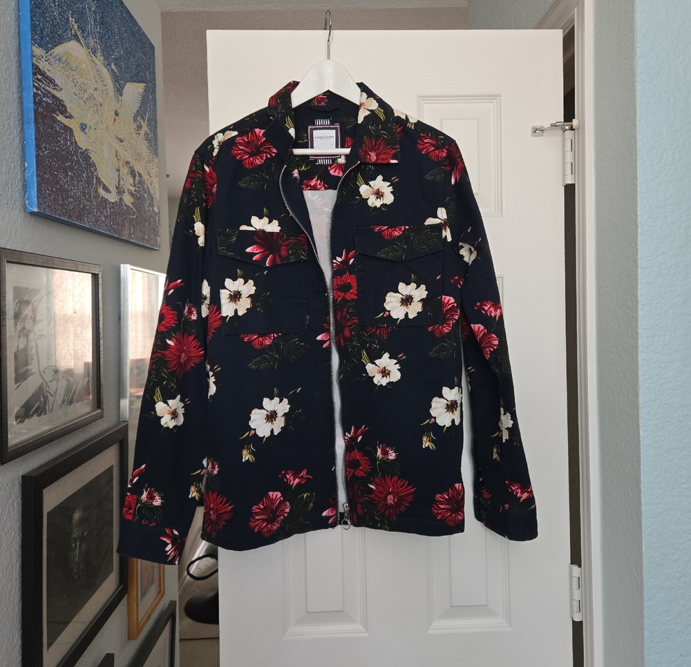 Denim & Flower Black Floral Jean Jacket with Red & White Blooms